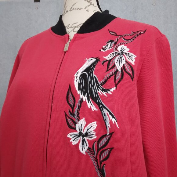Bob Mackie | Embroidered Bird Flowers Knit Jacket Full Zip Red | Size XL - Picture 3 of 10